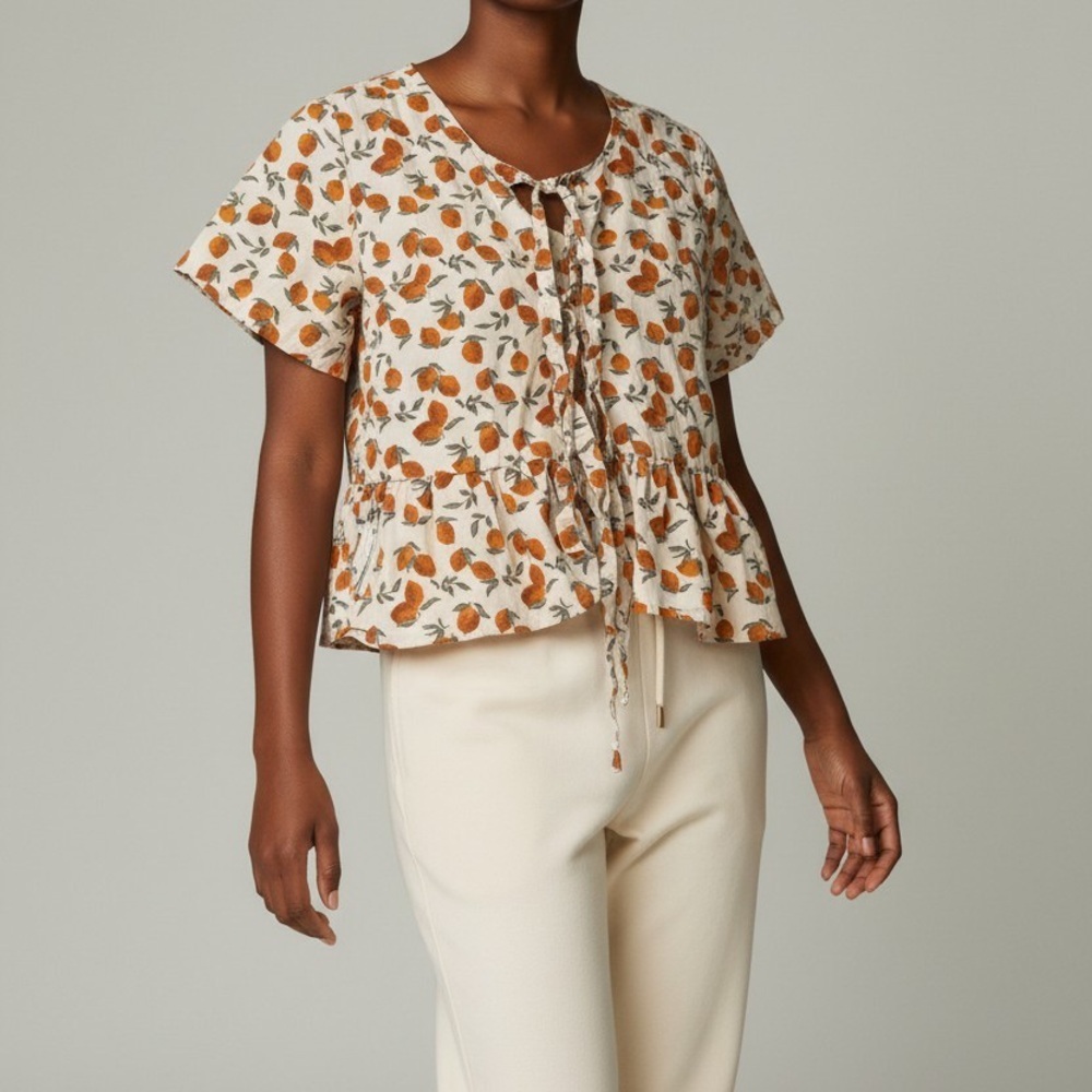 Sim & Sam Orange Yellow Lemon Floral Peplum Tie Front Blouse Womens Size XS